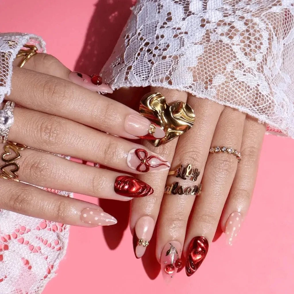 Handmade Red press on nails with Cherry, Bow & 3D Heart, Short Almond luxury handmade nail art, false nails, pressons — perfect for Valentine Date Night