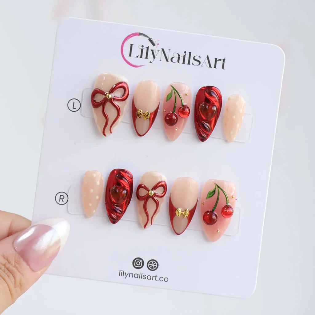 Handmade Red press on nails with Cherry, Bow & 3D Heart, Short Almond luxury handmade nail art, false nails, pressons — perfect for Valentine Date Night