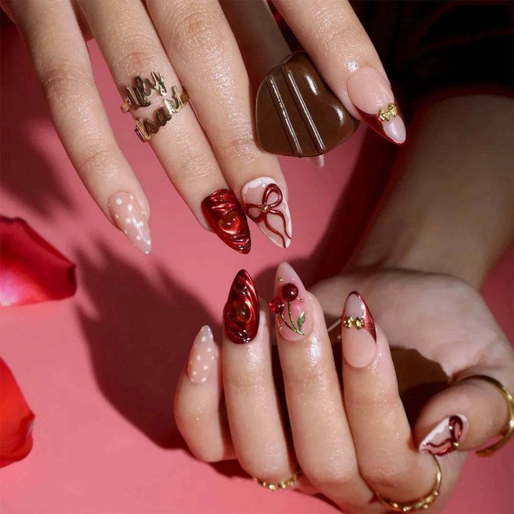 Handmade Red press on nails with Cherry, Bow & 3D Heart, Short Almond luxury handmade nail art, false nails, pressons — perfect for Valentine Date Night