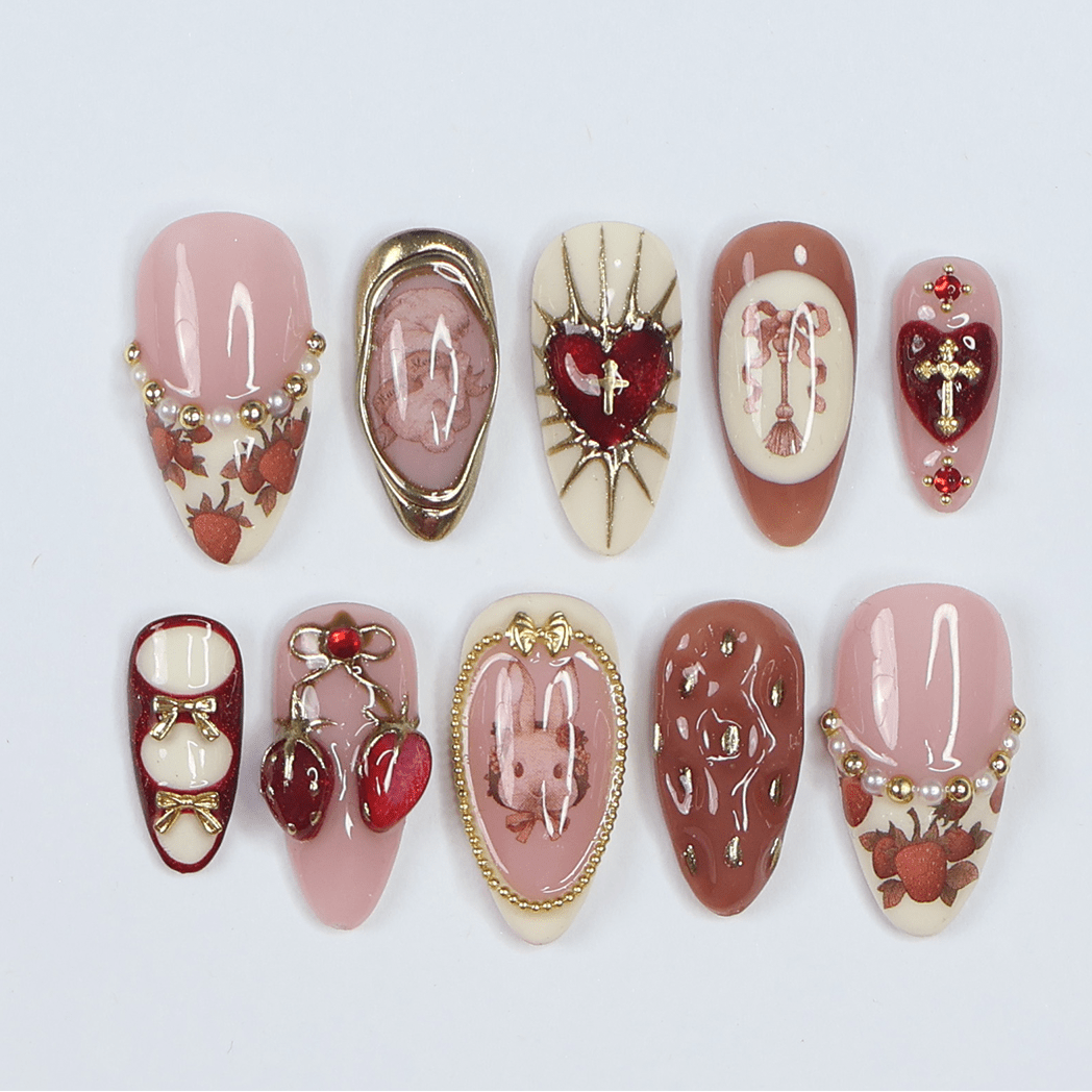 3D cute strawberry and bunny press on nails with pearl accents, heart charms, metallic gold bows, and vintage art details — luxury handmade press on nails, premium custom nail art, cute Japanese nail design, false nails, fake nails, pressons — perfect for birthdays, gifts, cosplay, or kawaii fashion lovers.