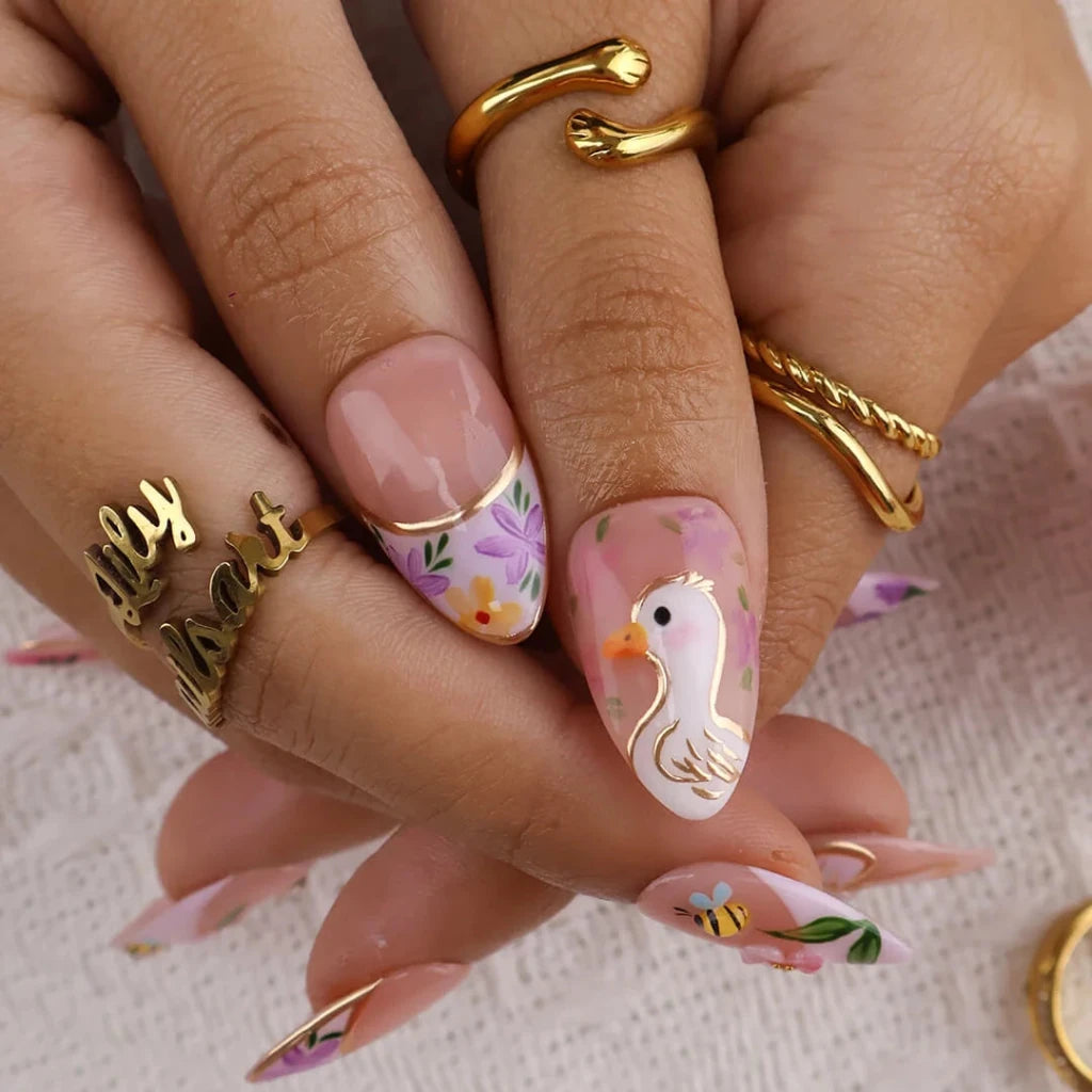 Handmade Purple press on nails with Duck, Bee & Floral, Medium Almond luxury handmade nail art, false nails, pressons — perfect for Holiday, Vacation, Birthday