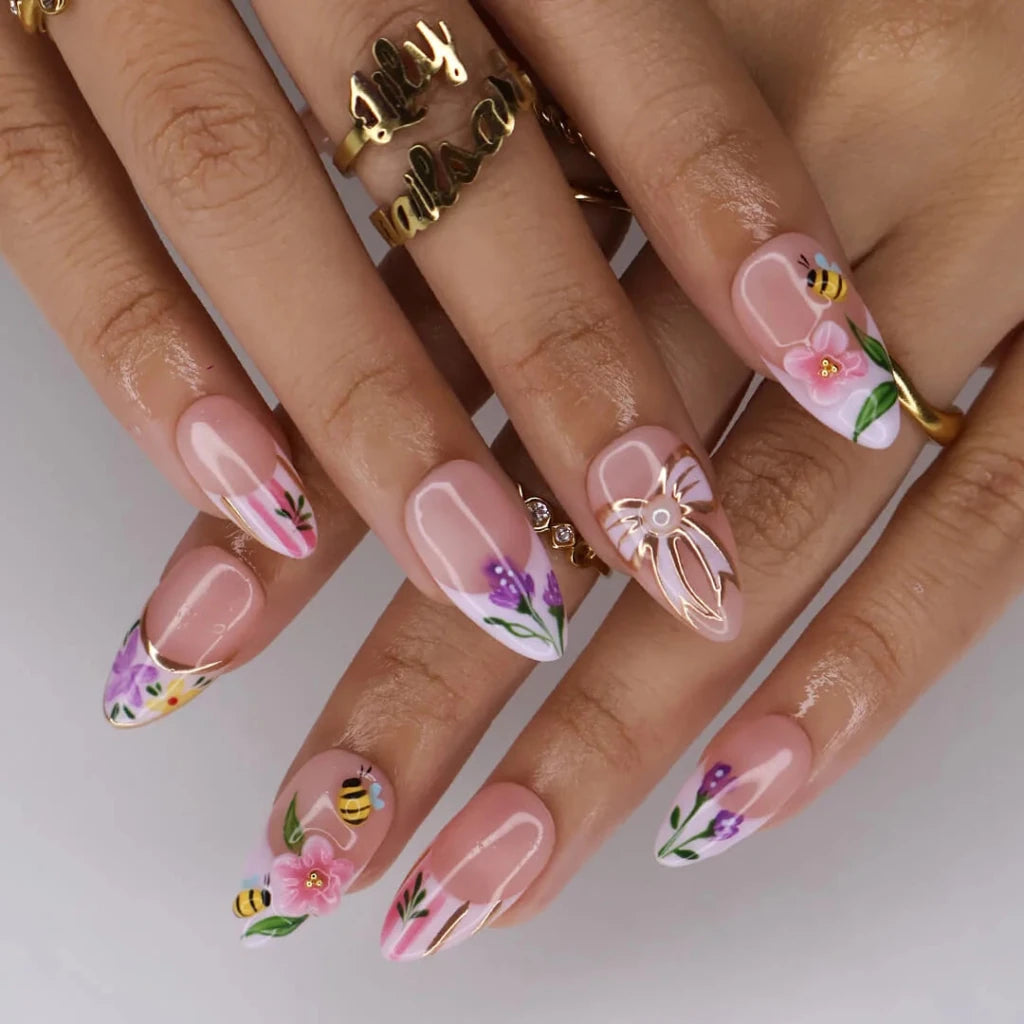 Handmade Purple press on nails with Duck, Bee & Floral, Medium Almond luxury handmade nail art, false nails, pressons — perfect for Holiday, Vacation, Birthday