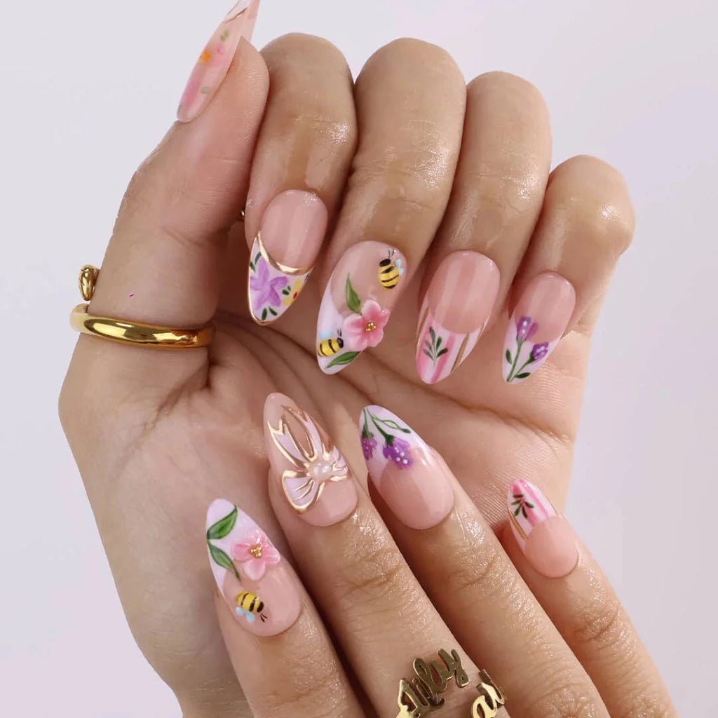 Handmade Purple press on nails with Duck, Bee & Floral, Medium Almond luxury handmade nail art, false nails, pressons — perfect for Holiday, Vacation, Birthday