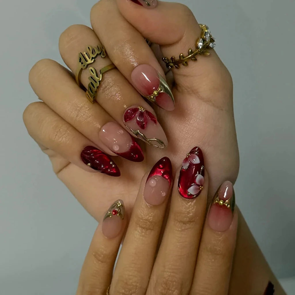 3D deep burgundy red press on nails with gold vine and floral accents, embellished with gold beads and raised petal details — custom press on nails, luxury handmade nail art, fake nails, false nails, pressons — perfect for prom, holiday parties, and bold formal events