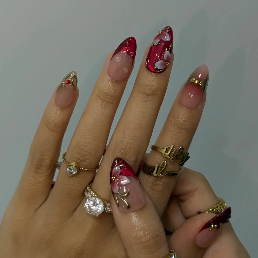 3D deep burgundy red press on nails with gold vine and floral accents, embellished with gold beads and raised petal details — custom press on nails, luxury handmade nail art, fake nails, false nails, pressons — perfect for prom, holiday parties, and bold formal events