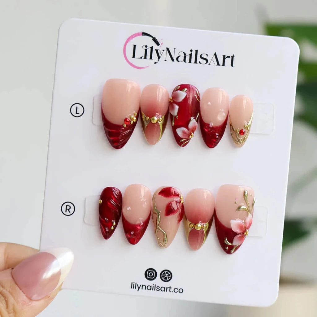 3D deep burgundy red press on nails with gold vine and floral accents, embellished with gold beads and raised petal details — custom press on nails, luxury handmade nail art, fake nails, false nails, pressons — perfect for prom, holiday parties, and bold formal events