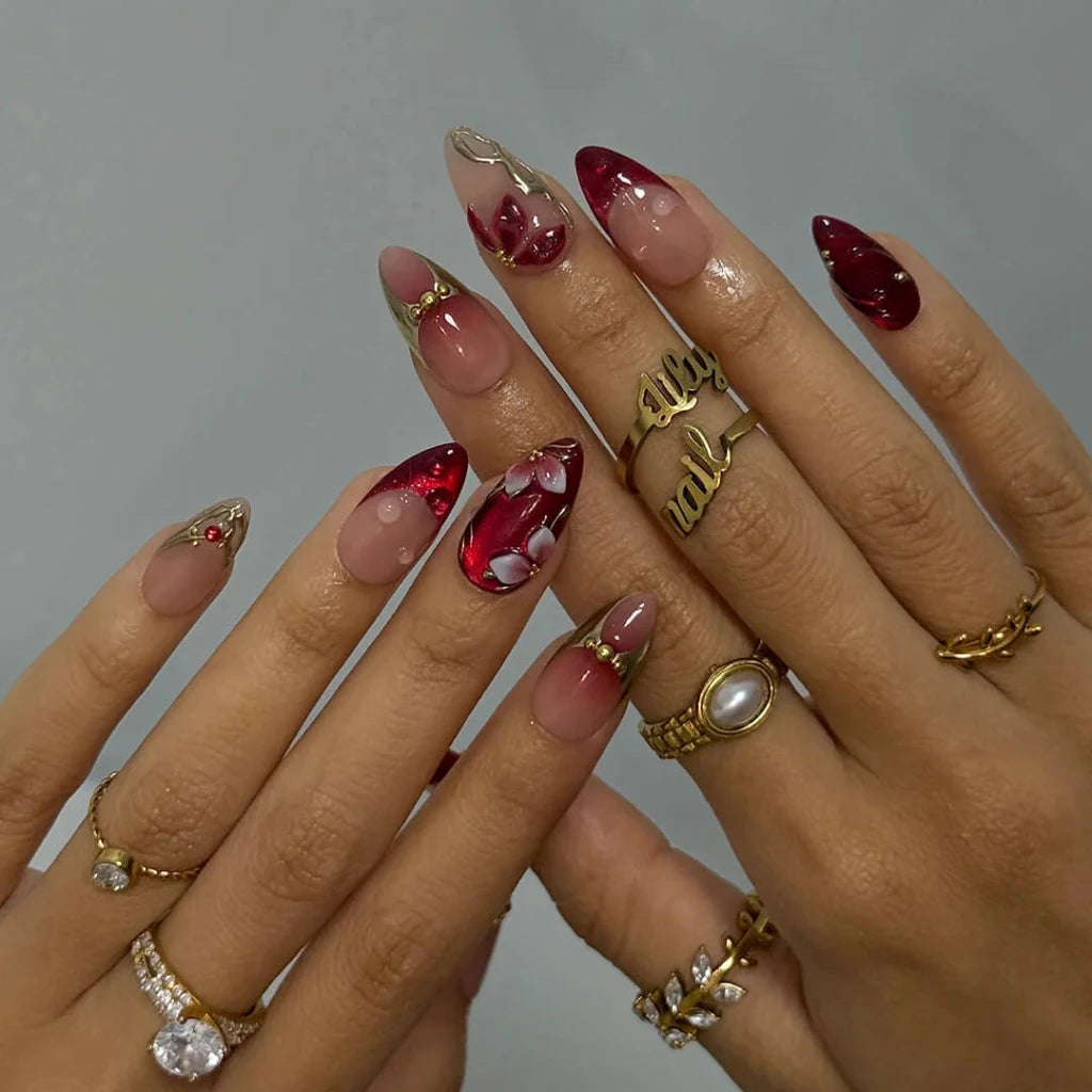 3D deep burgundy red press on nails with gold vine and floral accents, embellished with gold beads and raised petal details — custom press on nails, luxury handmade nail art, fake nails, false nails, pressons — perfect for prom, holiday parties, and bold formal events