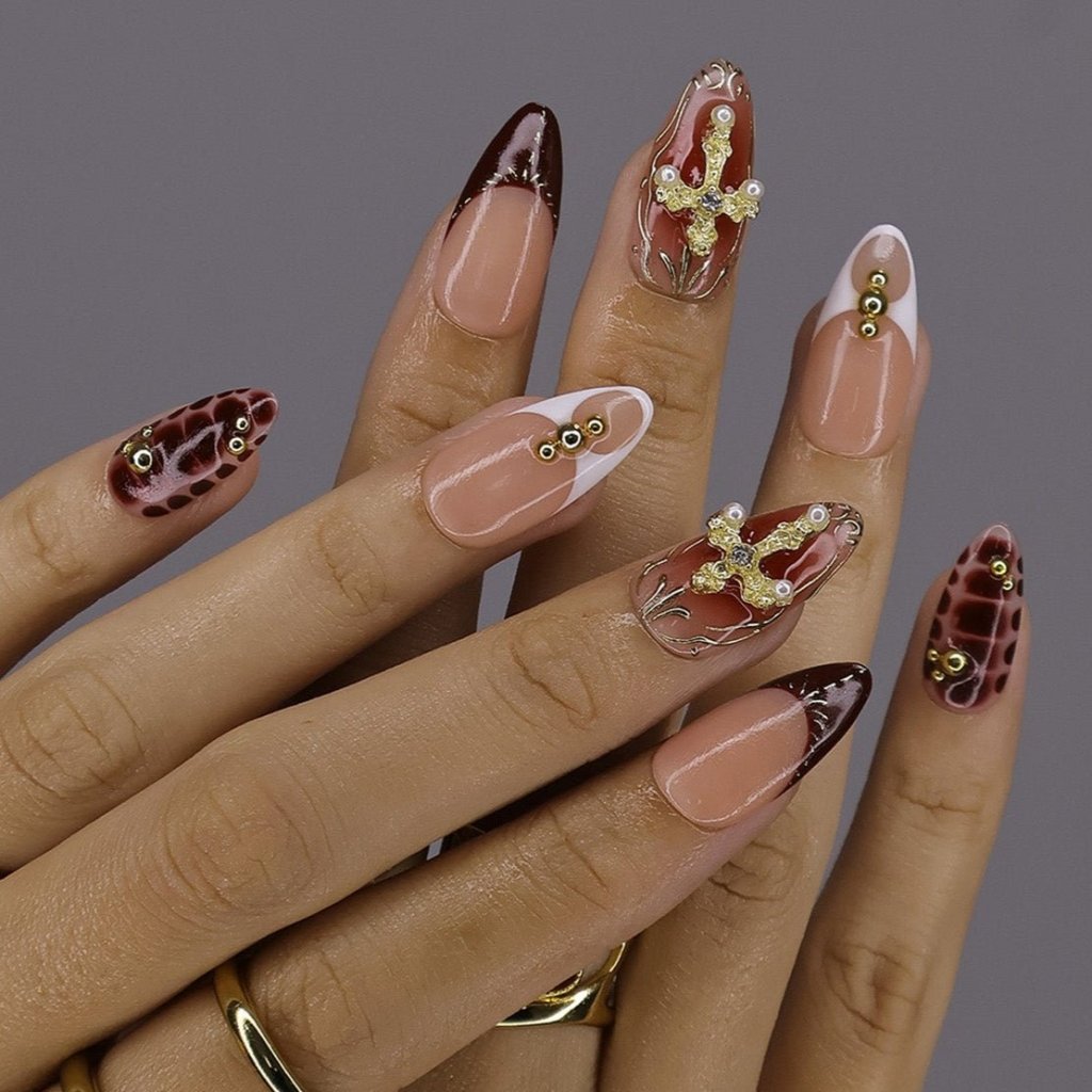 Luxury red and nude press on nails with gold cross charms, pearl embellishments, and crocodile texture accents — premium handmade press on nails, gothic nail art, elegant custom fake nails, false nails, pressons — perfect for church events, gothic fashion, special occasions, or luxury nail lovers.