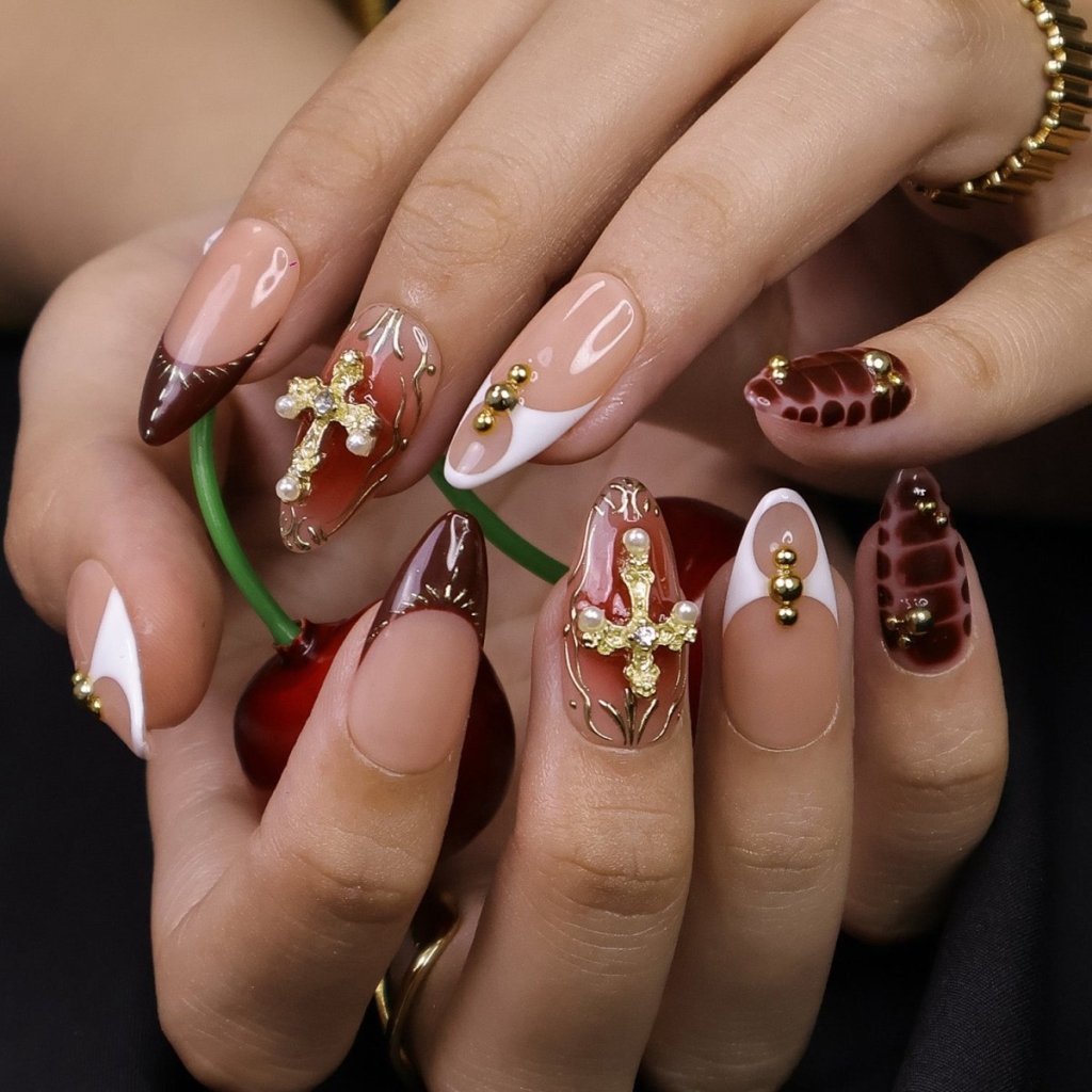 Luxury red and nude press on nails with gold cross charms, pearl embellishments, and crocodile texture accents — premium handmade press on nails, gothic nail art, elegant custom fake nails, false nails, pressons — perfect for church events, gothic fashion, special occasions, or luxury nail lovers.