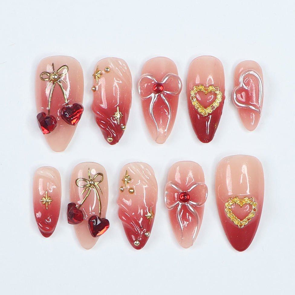 Cupid’s Kiss- Romantic Red Bow & Heart Press-On Nails – Handmade 3D red and gold accents, perfect for holiday, vacation, valentine day, birthday nails, or a heartfelt gift for her