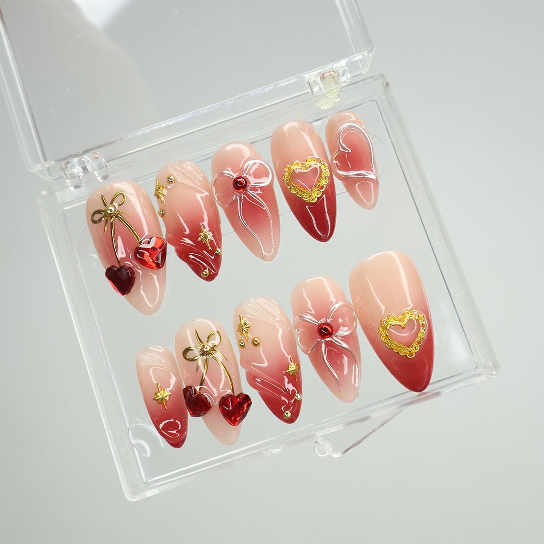 Cupid’s Kiss- Romantic Red Bow & Heart Press-On Nails – Handmade 3D red and gold accents, perfect for holiday, vacation, valentine day, birthday nails, or a heartfelt gift for her