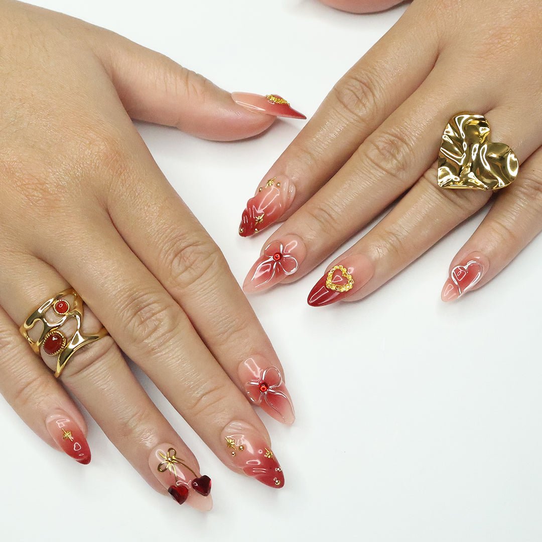Cupid’s Kiss- Romantic Red Bow & Heart Press-On Nails – Handmade 3D red and gold accents, perfect for holiday, vacation, valentine day, birthday nails, or a heartfelt gift for her