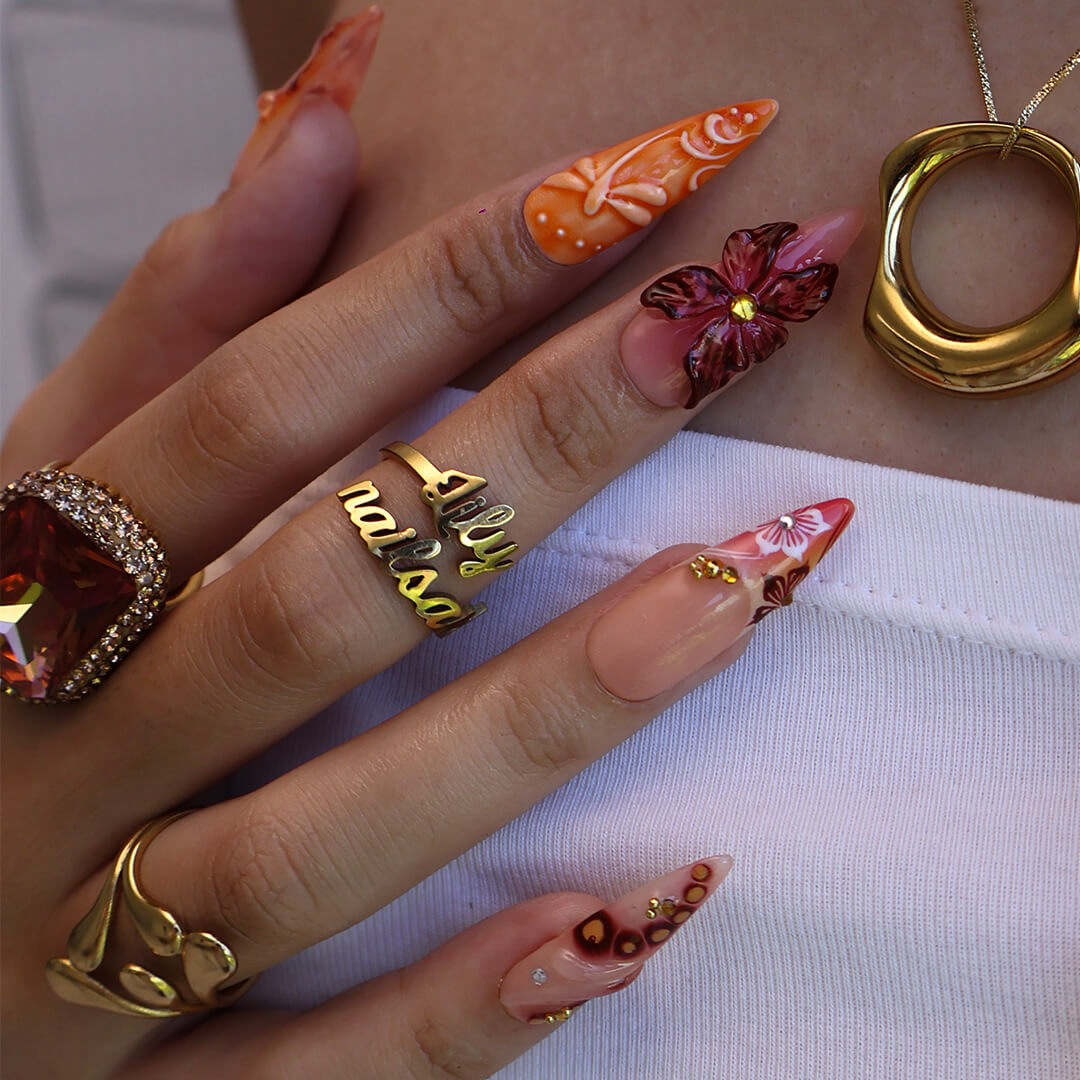 Luxury press-on nails with fiery red and orange gradients, 3D florals, golden flecks, and shimmering accents inspired by dragonfly — handmade long almond nails — perfect for bold fall looks, holiday, birthday