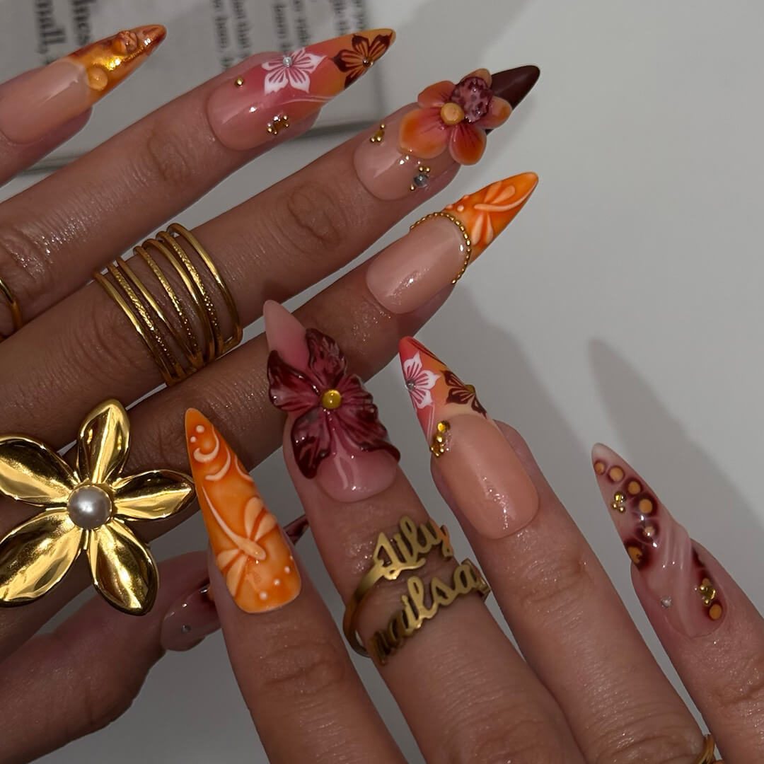 Luxury press-on nails with fiery red and orange gradients, 3D florals, golden flecks, and shimmering accents inspired by dragonfly — handmade long almond nails — perfect for bold fall looks, holiday, birthday