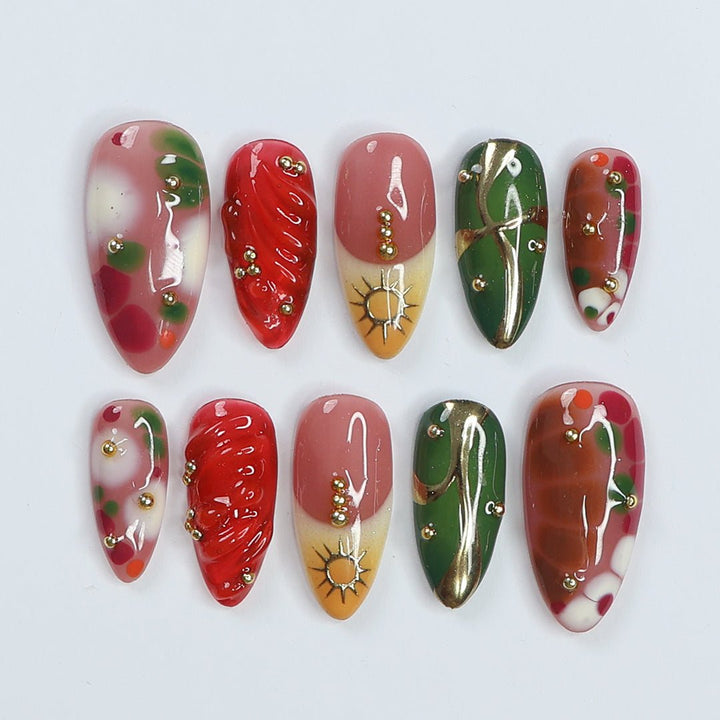 Handmade Press-On Nails with vibrant red, green, and gold designs, featuring intricate details and glossy finishes. Perfect for holidays, birthdays, vacations, or as a unique gift for her. fantasy press on nails colorful press on nails