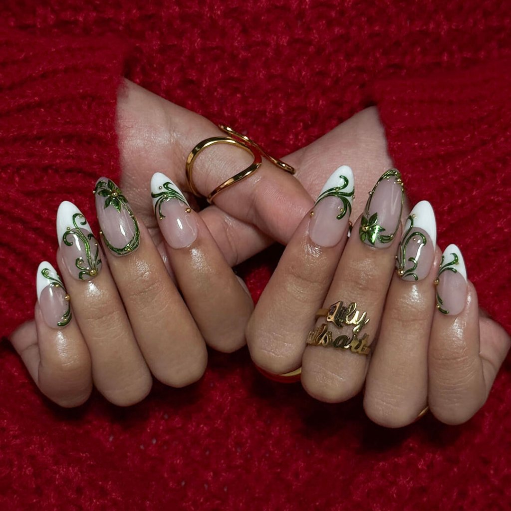 3D emerald ivy press on nails with green renaissance-style leaf accents, gold pearls, and white French tips — holiday-ready custom handmade nail art, reusable and elegant — perfect for Christmas, winter glam, or as a luxury nail gift for her.