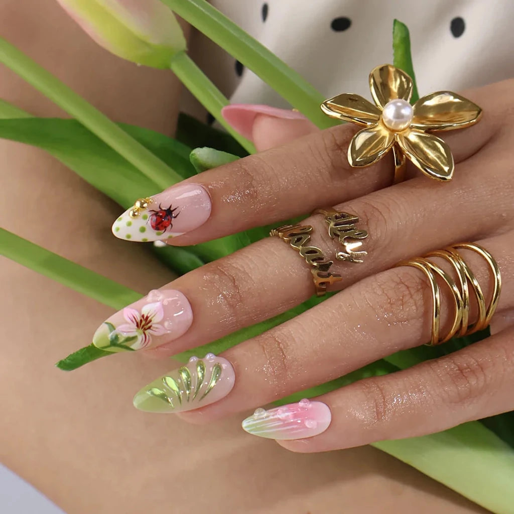 Handmade Pink press on nails with Floral & Ladybug, Medium Almond luxury handmade nail art, false nails, pressons — perfect for Holiday, Vacation, Birthday