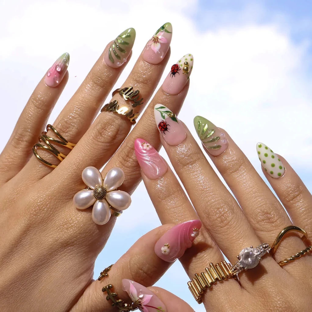 Handmade Pink press on nails with Floral & Ladybug, Medium Almond luxury handmade nail art, false nails, pressons — perfect for Holiday, Vacation, Birthday