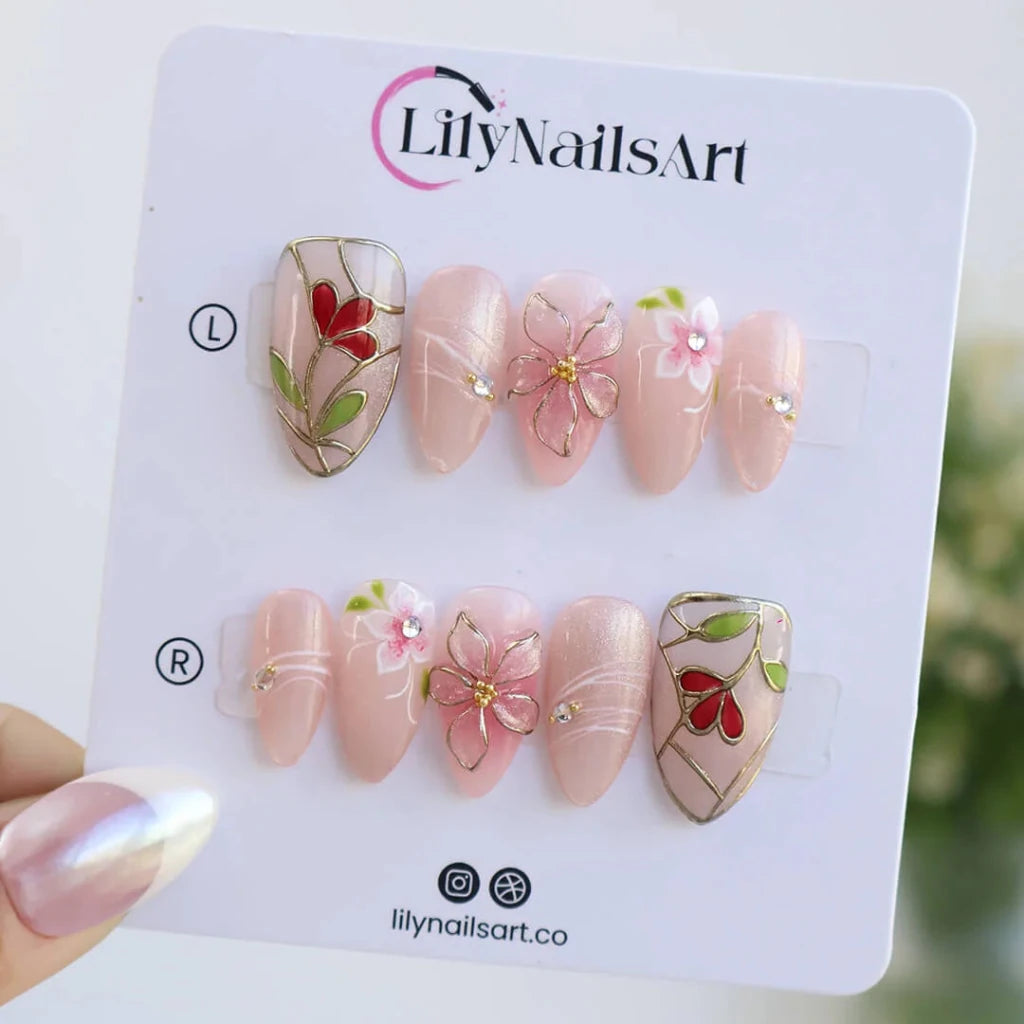Handmade Pink press on nails with 3D Floral & Gold, Medium Almond luxury handmade nail art, false nails, pressons — perfect for Holiday, Vacation, Birthday