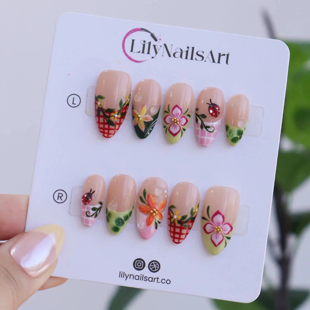 Handmade Red press on nails with Floral & Ladybug, Medium Almond luxury handmade nail art, false nails, pressons — perfect for Holiday, Vacation, Birthday