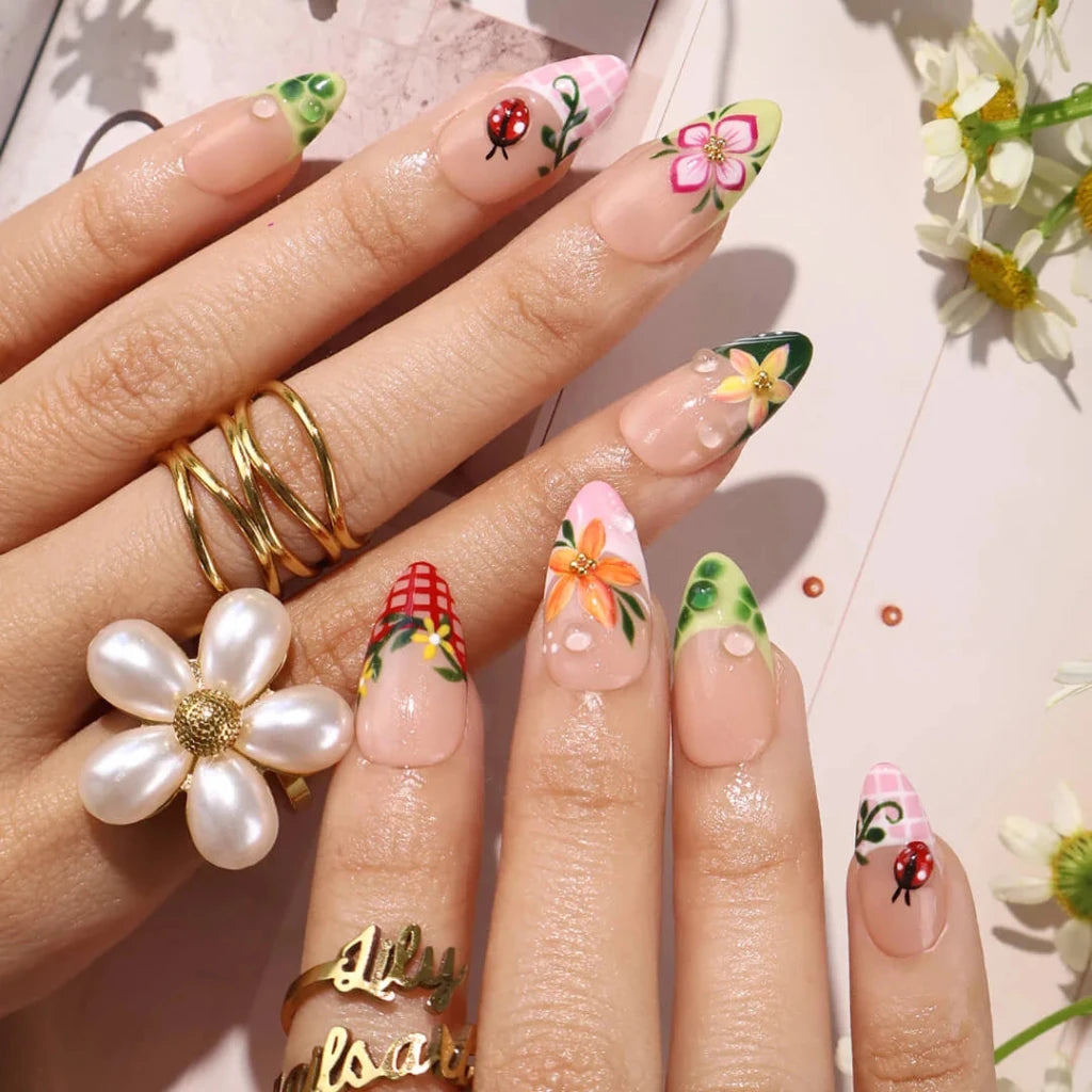 Handmade Red press on nails with Floral & Ladybug, Medium Almond luxury handmade nail art, false nails, pressons — perfect for Holiday, Vacation, Birthday