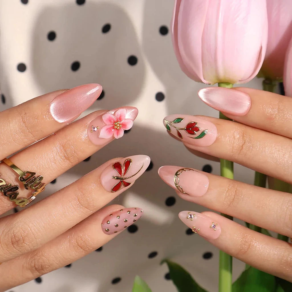 Handmade Pink press on nails with Floral & Dragonfly, Medium Almond luxury handmade nail art, false nails, pressons — perfect for Holiday, Vacation, Birthday