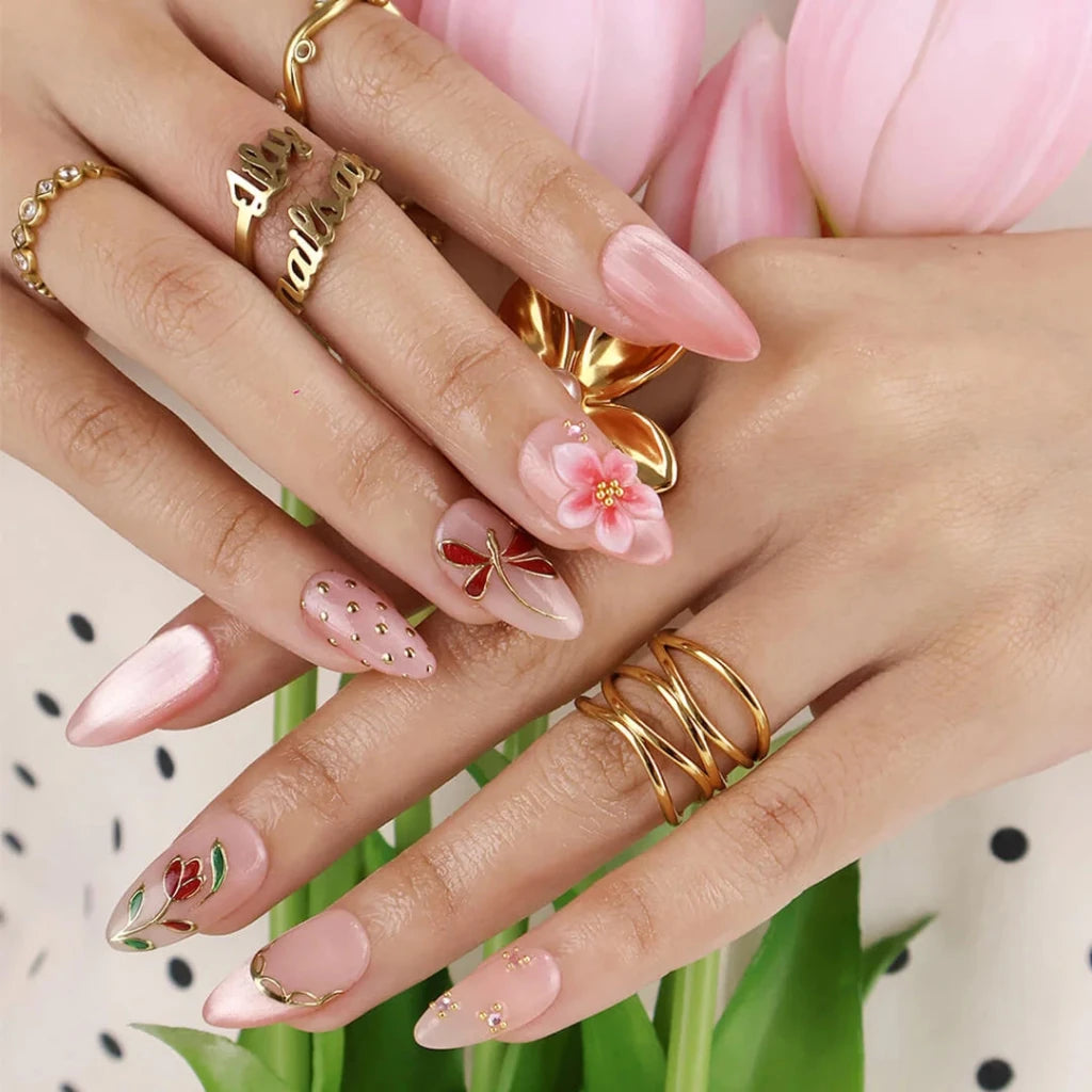 Handmade Pink press on nails with Floral & Dragonfly, Medium Almond luxury handmade nail art, false nails, pressons — perfect for Holiday, Vacation, Birthday