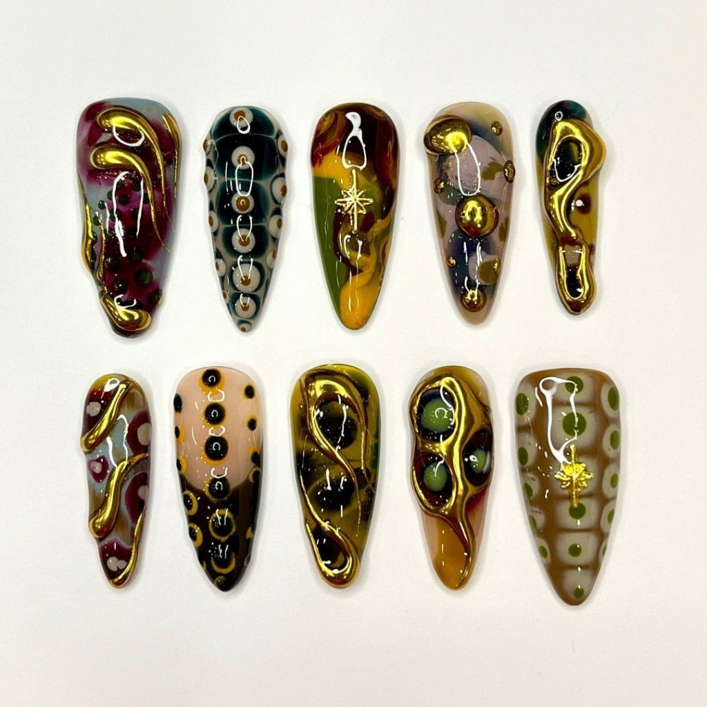 Golden Age | Gold Chrome with earthy color & 3D Texture handmade press on nails by lilynailsart.co, great as gift for her birthday, holiday, vacation, party nails