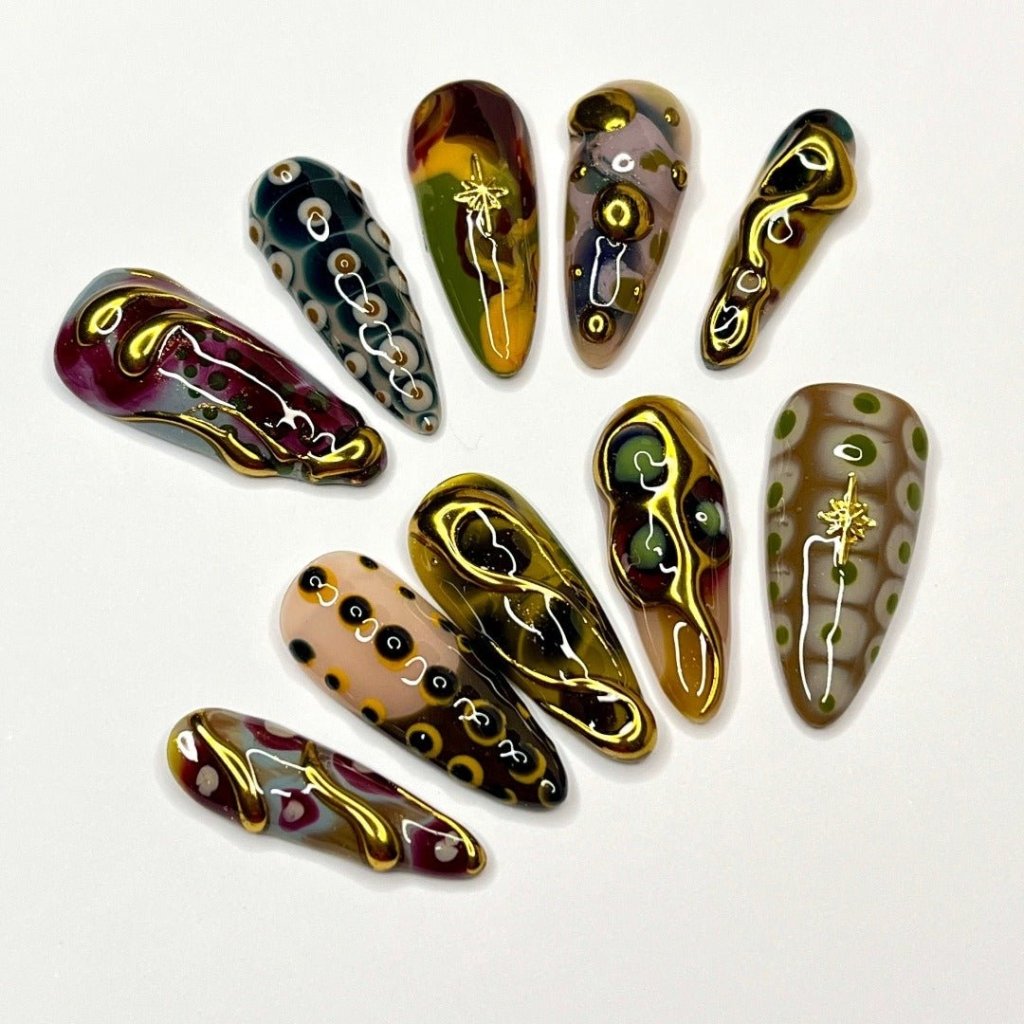 Golden Age | Gold Chrome with earthy color & 3D Texture handmade press on nails by lilynailsart.co, great as gift for her birthday, holiday, vacation, party nails