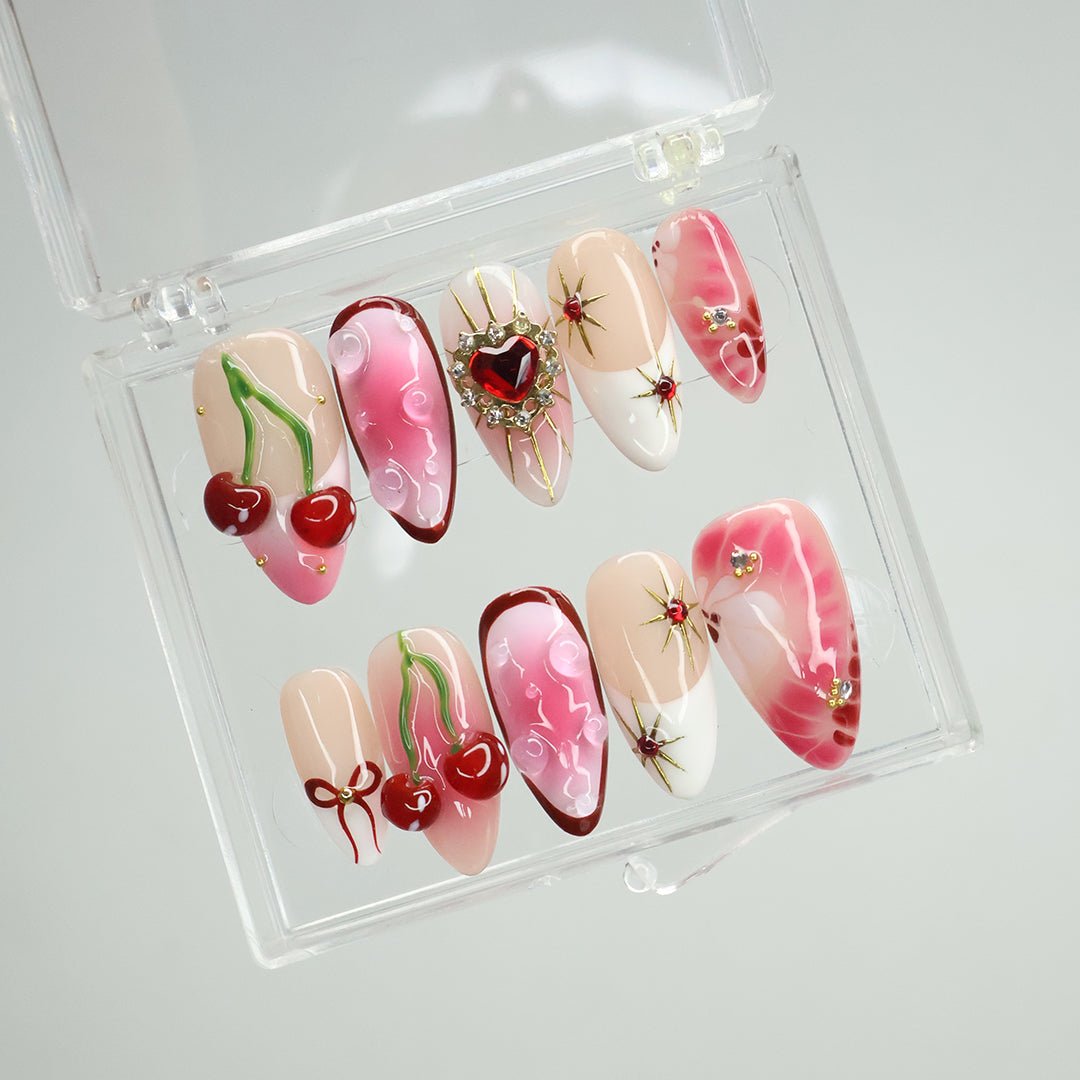 Golden Cupid- Romantic Red and Pink Press-On Nails – Cherry and heart designs, handmade with 3D gel for holiday, vacation, valentine's day, birthday nails, or as a gift for her.