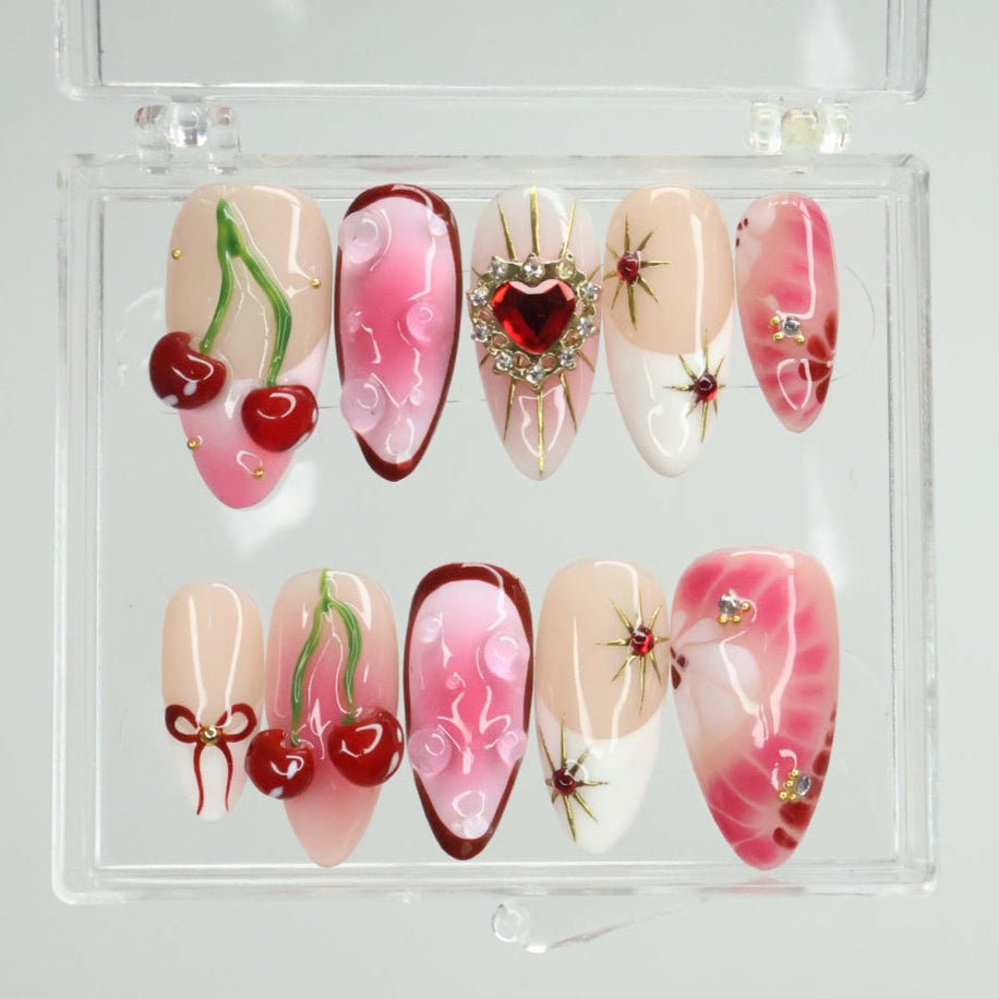 Golden Cupid- Romantic Red and Pink Press-On Nails – Cherry and heart designs, handmade with 3D gel for holiday, vacation, valentine's day, birthday nails, or as a gift for her.