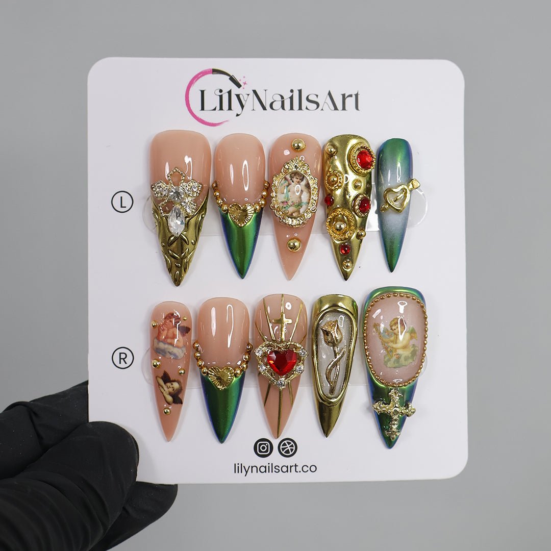 green gold press on nails religious press on nails christian angle press on nails church press on nails