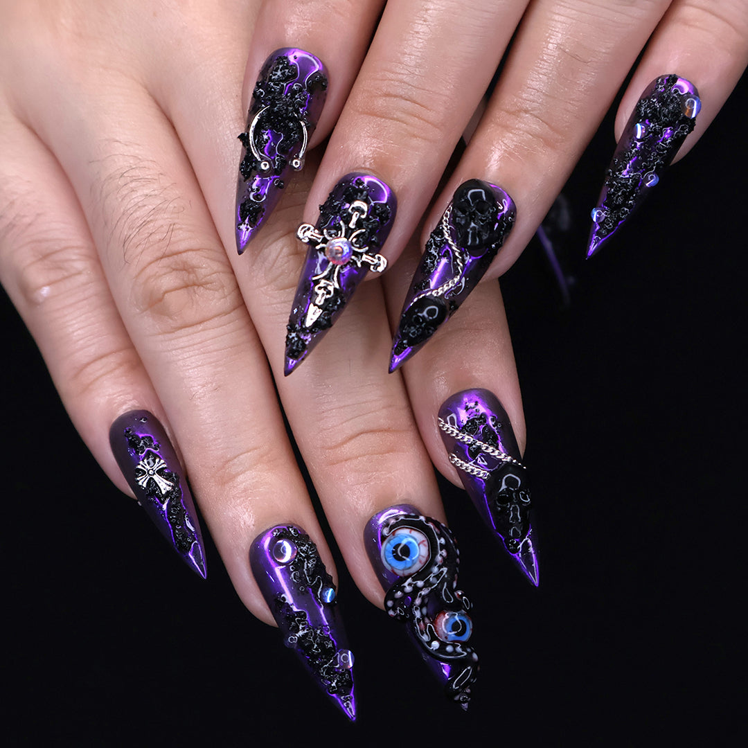 Black and purple chrome press on nails with eerie, horror-inspired handmade 3D elements — custom gothic nails, stiletto press ons, handmade false nails, spooky nail art — perfect for Halloween season, alt fashion, and dark feminine energy.