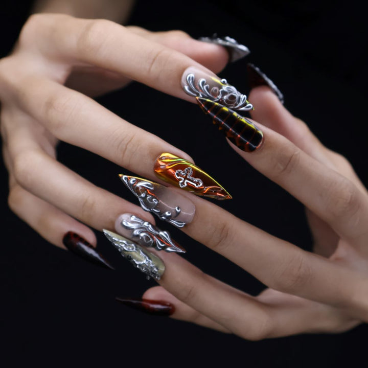 metal head nails metal head pressons metal heads press on nail set dark press on nails 3d nails 3d tortoise shell press on nails