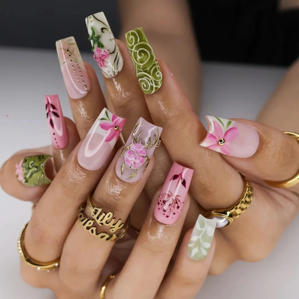 Handmade Green press on nails with Beetle, Floral & Leaf, Medium Square luxury handmade nail art, false nails, pressons — perfect for Holiday, Vacation, Birthday