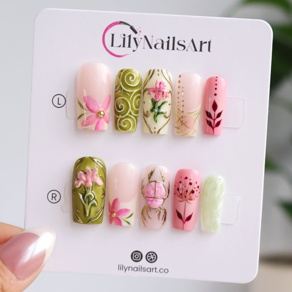 Handmade Green press on nails with Beetle, Floral & Leaf, Medium Square luxury handmade nail art, false nails, pressons — perfect for Holiday, Vacation, Birthday