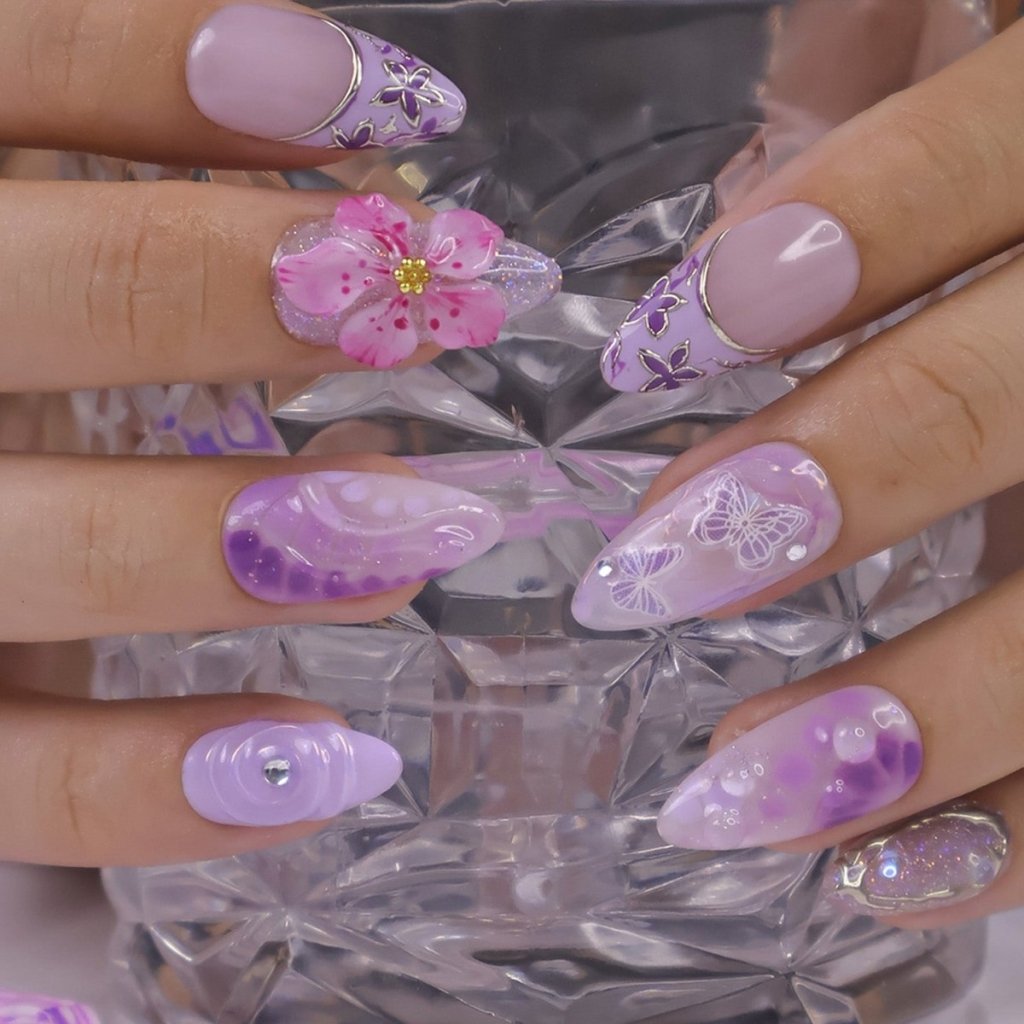 3D purple and lavender press on nails with butterfly art, pink sakura flowers, glossy swirls, and crystal bow charms — custom press on nails, luxury handmade nail art, fake nails, false nails, pressons — perfect for spring, summer, romantic gifts, or soft aesthetic lovers
