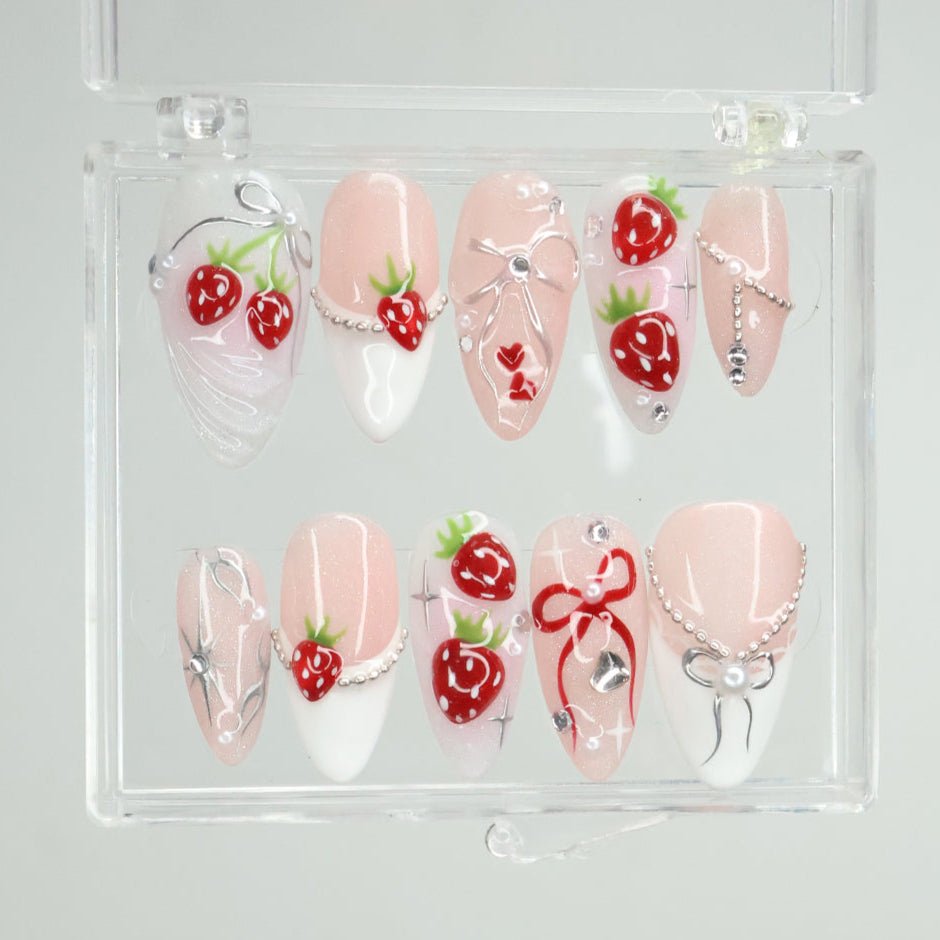 Love at First Berry - Strawberry Dream Press-On Nails – Red strawberries with pearls and silver accents, handmade for holiday, vacation, birthday nails, or as a gift for her.
