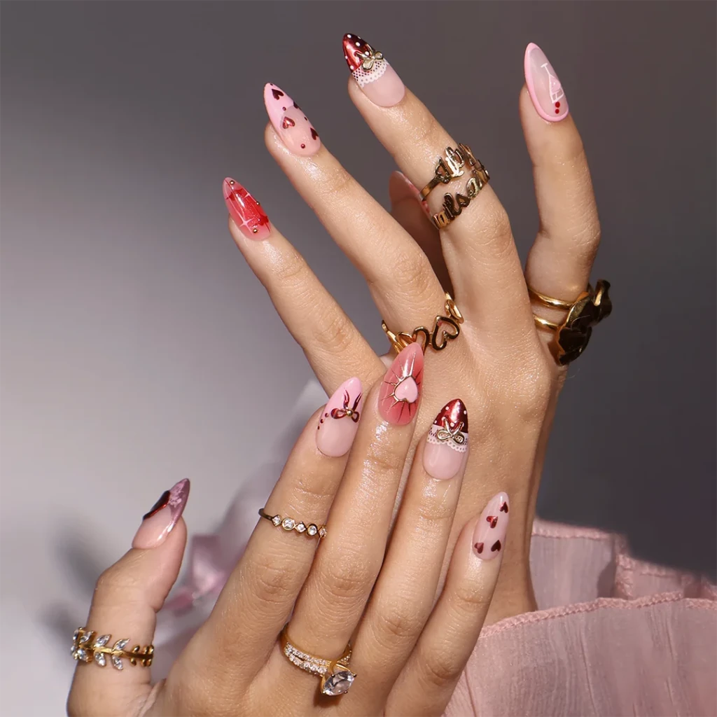 Handmade Pink press on nails with Love Candy, Lace & Ribbon, Medium Almond luxury handmade nail art, false nails, pressons — perfect for Valentine Date Night