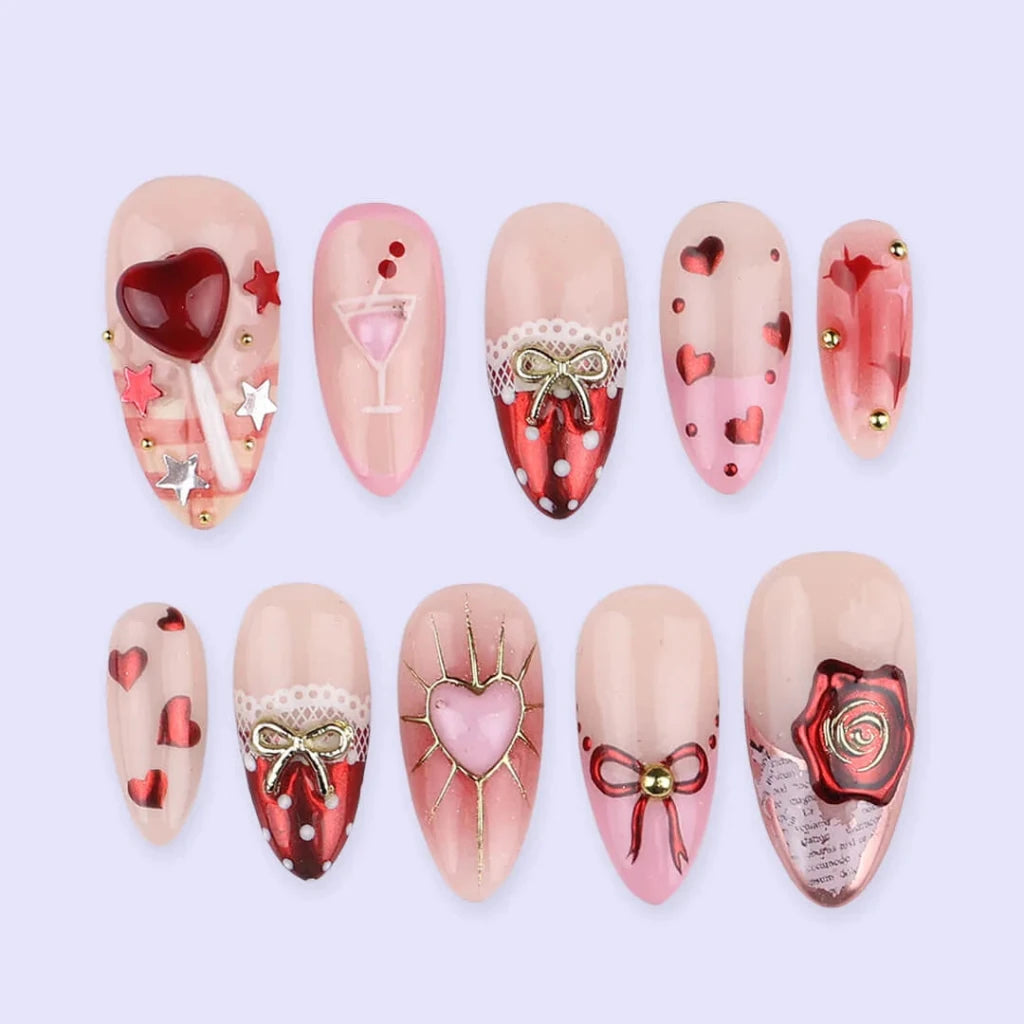 Handmade Pink press on nails with Love Candy, Lace & Ribbon, Medium Almond luxury handmade nail art, false nails, pressons — perfect for Valentine Date Night