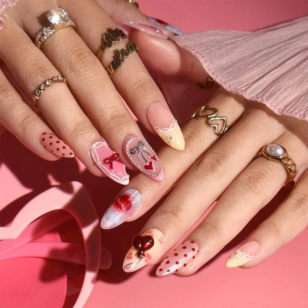 Handmade Pink press on nails with Bow, 3D Heart & Polka Dot, Medium Almond luxury handmade nail art, false nails, pressons — perfect for Valentine Date Night