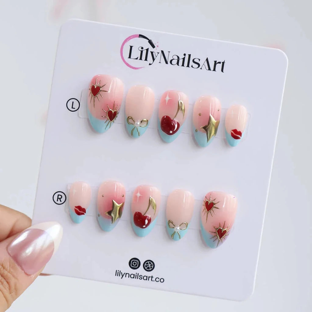 Handmade Blue press on nails with Cherry Details & French Tip, Medium Almond luxury handmade nail art, false nails, pressons — perfect for Valentine Date Night