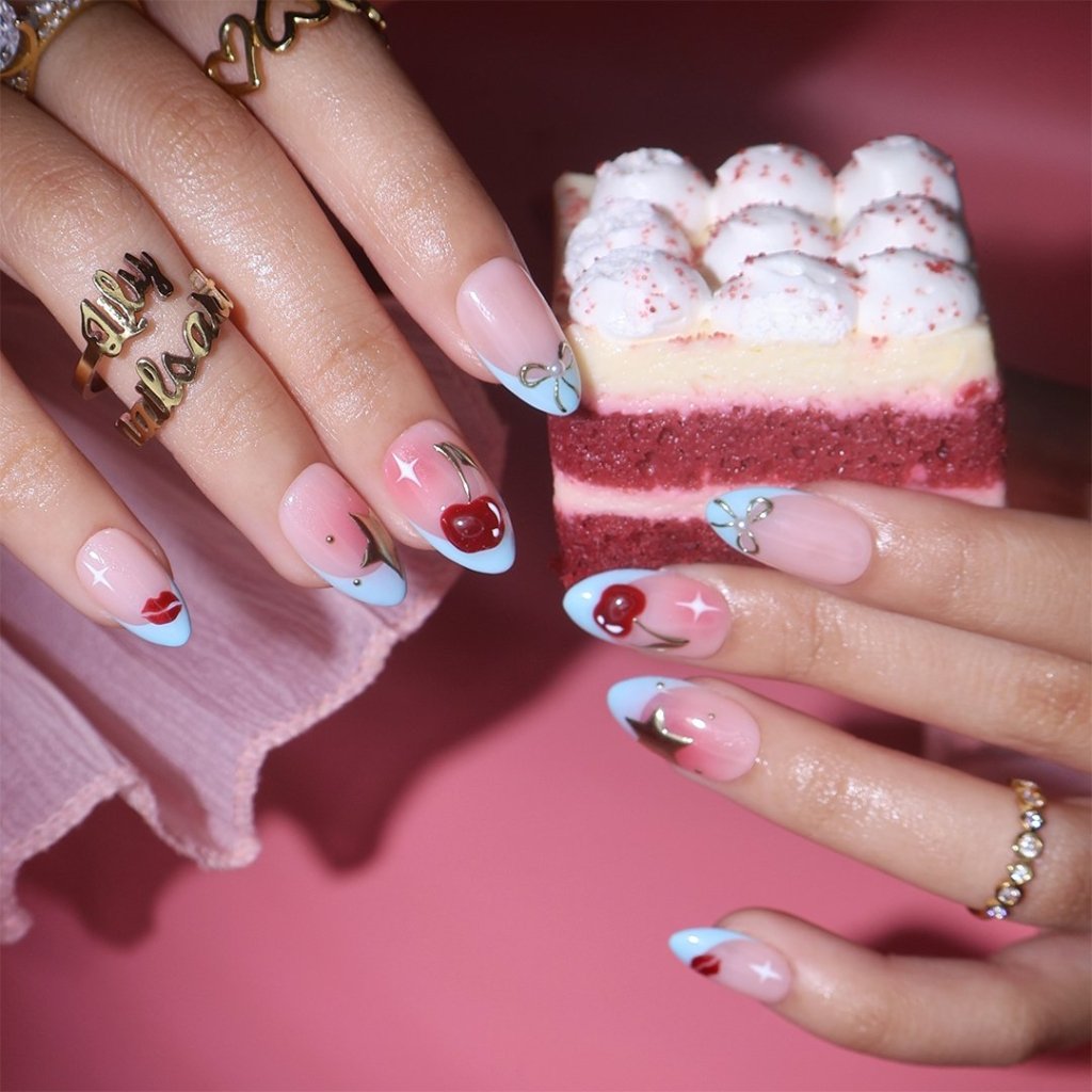 Handmade Blue press on nails with Cherry Details & French Tip, Medium Almond luxury handmade nail art, false nails, pressons — perfect for Valentine Date Night