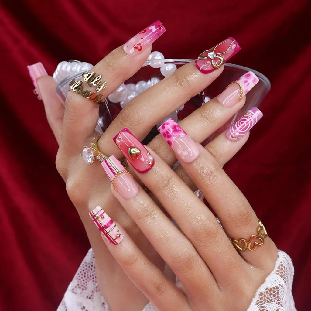 Handmade Pink press on nails with Golden Bow & Heart, Medium Square luxury handmade nail art, false nails, pressons — perfect for Valentine Date Night