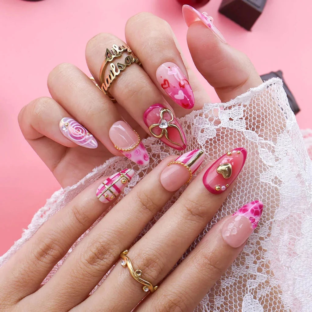 Handmade Pink press on nails with Golden Bow & Heart, Medium Almond luxury handmade nail art, false nails, pressons — perfect for Valentine Date Night