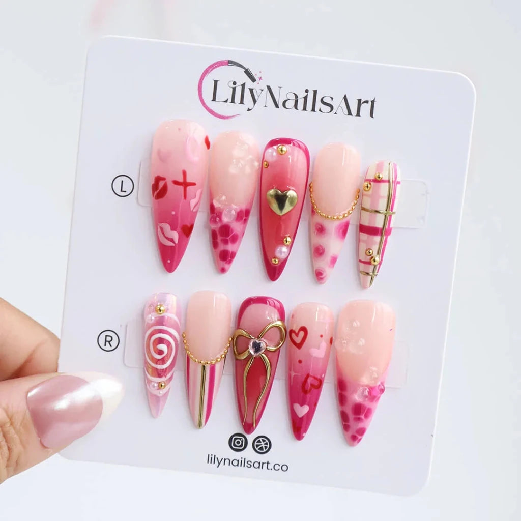 Handmade Pink press on nails with Golden Bow & Heart, Long Almond luxury handmade nail art, false nails, pressons — perfect for Valentine Date Night