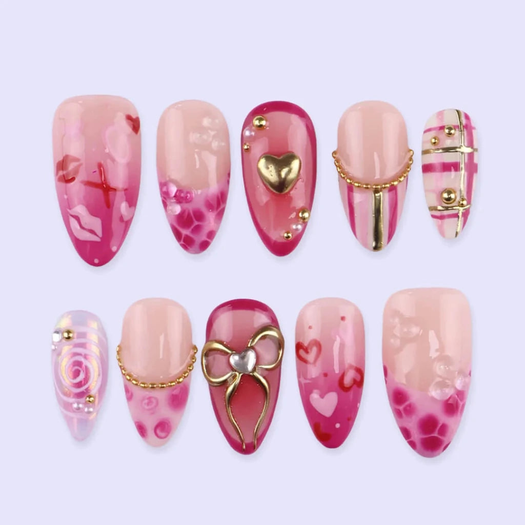 Handmade Pink press on nails with Golden Bow & Heart, Medium Almond luxury handmade nail art, false nails, pressons — perfect for Valentine Date Night