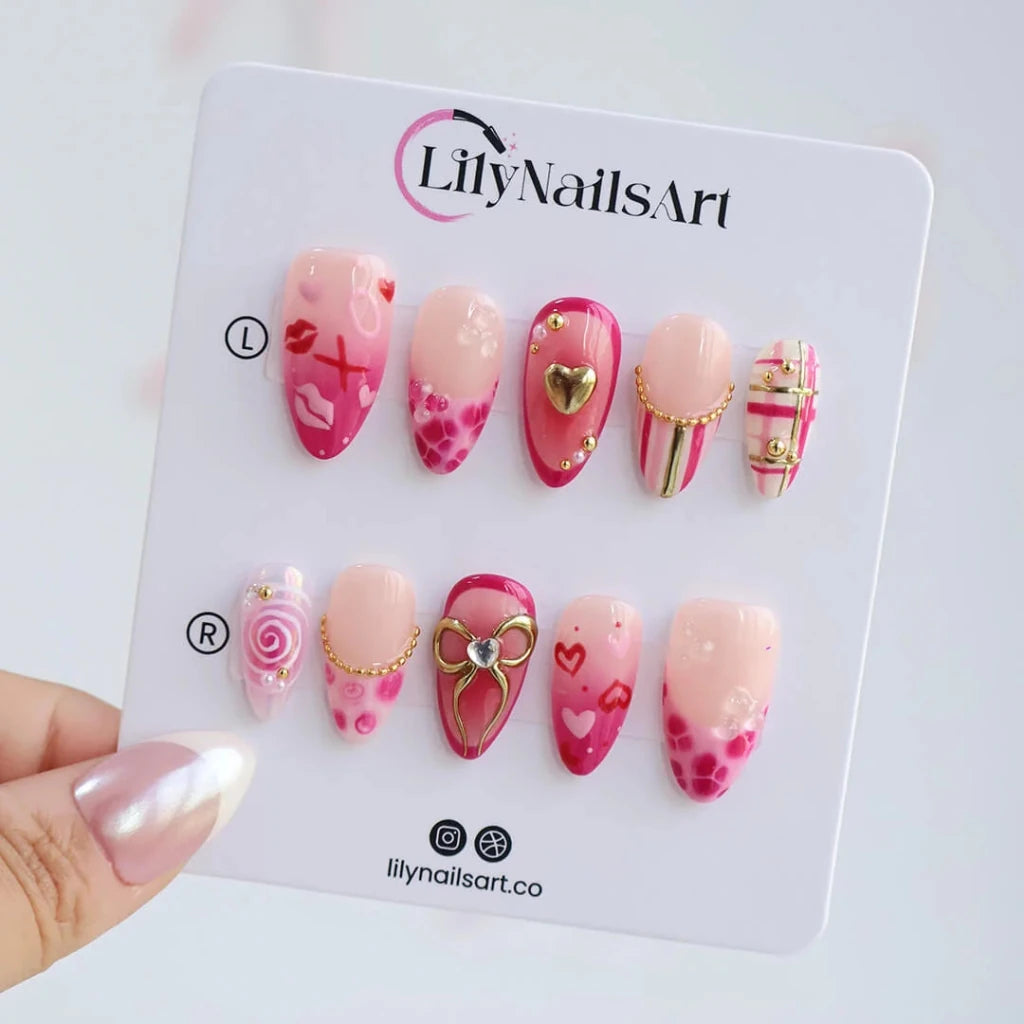 Handmade Pink press on nails with Golden Bow & Heart, Medium Almond luxury handmade nail art, false nails, pressons — perfect for Valentine Date Night