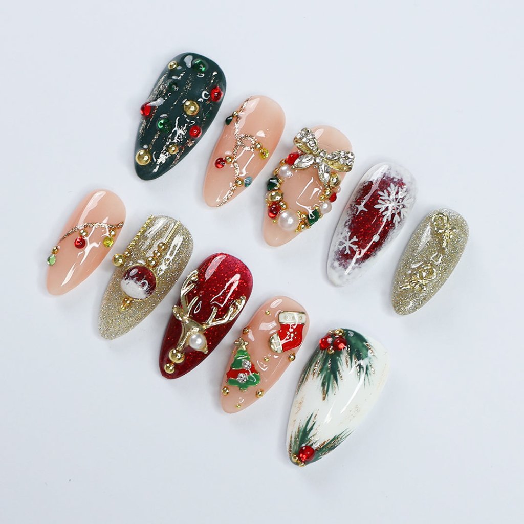 Green & Red 3D Flowers Wreath Medium Almond Press on nails, Handmade Christmas False Nails for Holiday, Vacation, Birthday, Prom Nails. Gift for Her