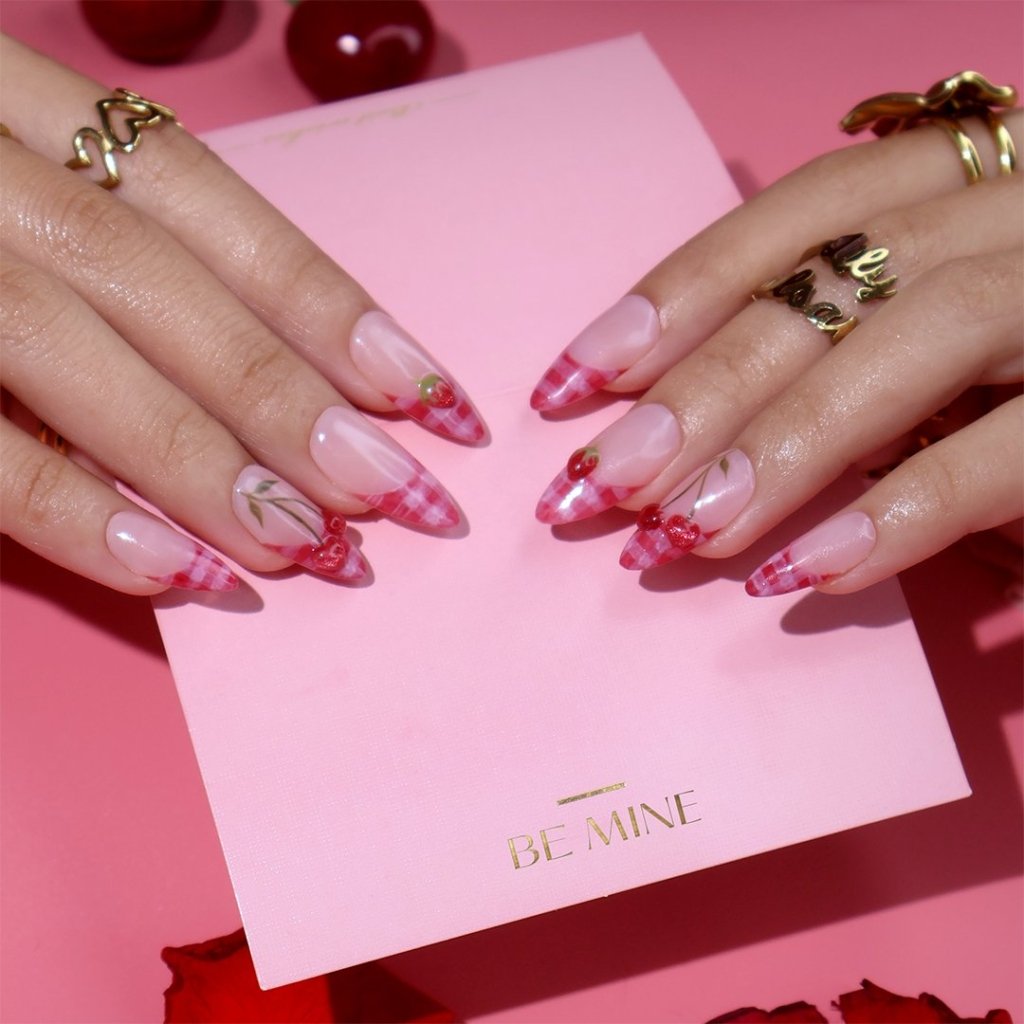 Handmade Pink press on nails with Cute Cherry, Medium Almond luxury handmade nail art, false nails, pressons — perfect for Valentine Date Night